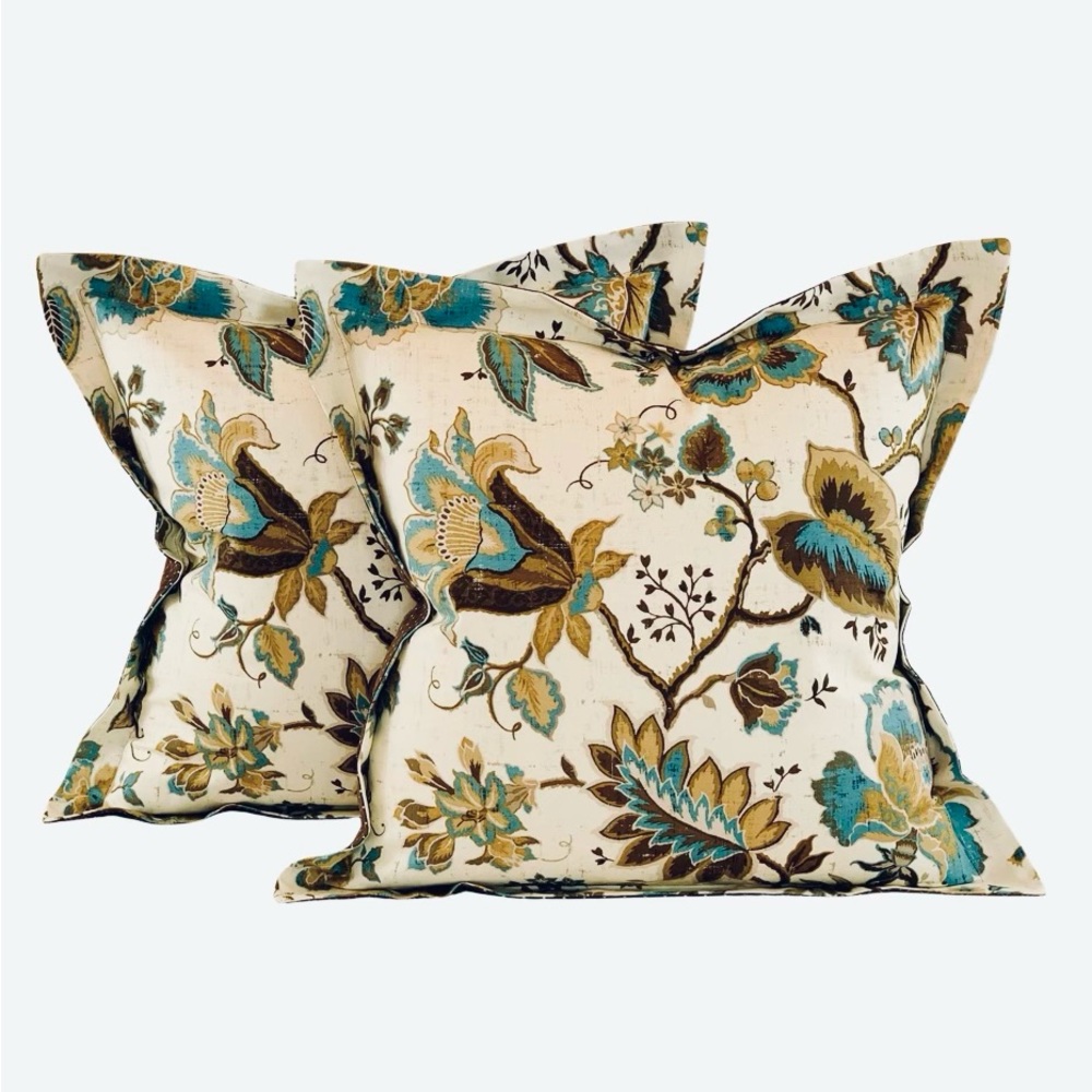 Pair P Kaufmann Waverly Brown Cream Teal Botanical Jacobean Vine Pillow Covers